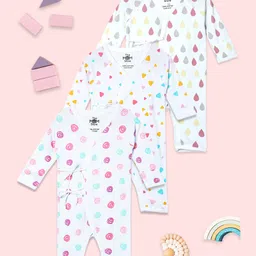 The Mom Store Cotton Pack Of 3 Full Sleeves Drops & Geometric Printed Rompers - White-image-32