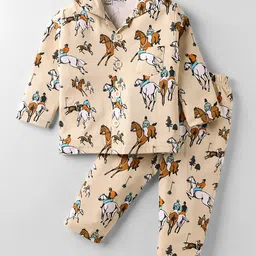 Little Darlings Interlock Knit Full Sleeves Co-Ord Night Suit With Horse Riding Print - Cream-picture-20