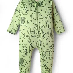 Babyhug Cotton Knit Full Sleeves Footed Sleepsuit With Animal Print - Light Green image 1