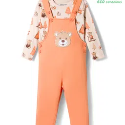 Babyoye 100% Cotton Knit Dungaree & Full Sleeves Inner Tee With Teddy Bear Print - Orange & White-picture-24
