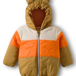 Babyhug Woven Full Sleeves Hooded Padded Jacket With Ear Applique - Beige-picture-13