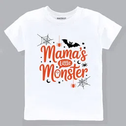 KNITROOT Cotton Lycra Knit Halloween Theme Half Sleeves Mamas Little Monster Text Printed Tee - White-picture-19