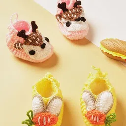 MayRa Knits Handknitted Pack Of 2 Reindeer & Bunny Applique Detailed Booties -Pink & Yellow-picture-21