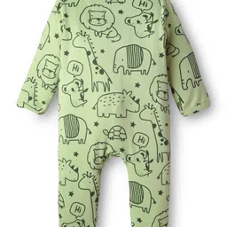 Babyhug Cotton Knit Full Sleeves Footed Sleepsuit With Animal Print - Light Green image 2