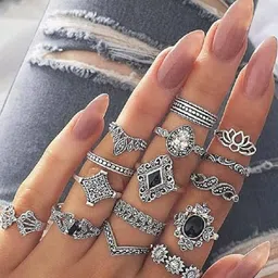 TheVineGirl Set Of 15 Sliver-Plated Studded Vintage Floral Design Oxidised Finger Rings image 3