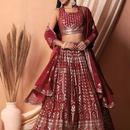 ETHNIC PLUS Embroidered Sequinned Semi-Stitched Georgette Lehenga & Blouse With Dupatta-picture-16