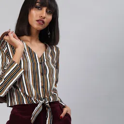 Sera Women Off White & Black Striped Shirt Style Crop Top-image-33