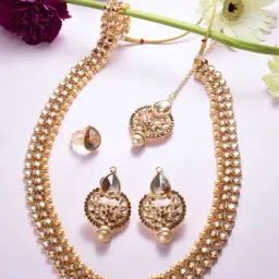 Zaveri Pearls Gold Tone Sparkling Long Bridal Necklace Earring Maangtikka & Ring Set-ZPFK16414-picture-19
