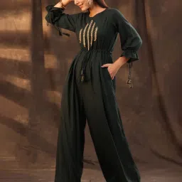 Juniper Jade Green Ethnic Motif Printed Rayon Slub Jumpsuit With Zari Work Embroidery image 3