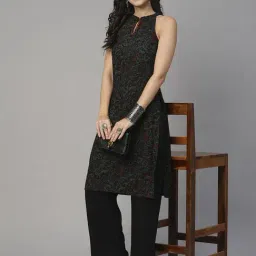 Globus Black Rayon/Viscose Regular Fit Printed Kurta Sets-image-74