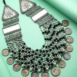 Moedbuille Mirrors Studded Antique Tribal Design Oxidised Silver Plated Layered Picture Necklace-image-17