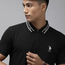 u.s. polo assn. U S Polo Assn Men Black Embroidered Polo Collar Pure Cotton Slim Fit T-shirt-picture-13