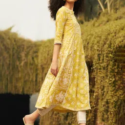 W Yellow Cotton Floral Print A Line Kurta image 1