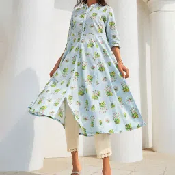 W Blue Floral Print A-Line Dress image 1