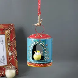 Aapno Rajasthan Hand-painted Blue & Red Metal Handcrafted Bird House image 1