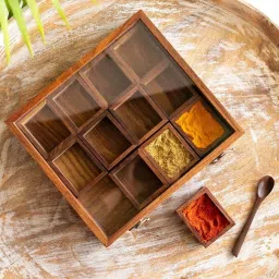 ExclusiveLane Brown Sheesham Wood Medley Of Masalas Spice Box With Spoon (0.08 L) - Set of 12 image 1