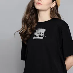 Kook N Keech Women Black Printed Detail Cotton Oversized Round Neck Oversized T-shirt-image-45