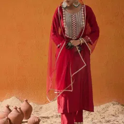 Indo Era Red Embroidered Kurta Pant Set With Dupatta-image-27