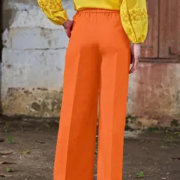 PURVAJA Orange Linen Solid High Rise Trousers image 2