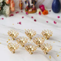 eCraftIndia Gold Crystal Lotus Shape Crystal Diyas - Set of 8 image 1