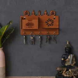 eCraftIndia Brown Wood Carved 5 Hooks Key Holder With Mobile Holder And Shelf image 1