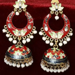 Oomph Red Meenakari Enamel Kundan & Pearls Floral Jhumki Earrings image 1