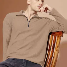 HAPPY KHAJANA Self Design Polo Collar Long Sleeves Zipper T-shirt image 2