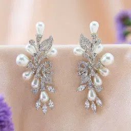 Fida Rhodium Plated American Diamond White Pearls Floral Drop Earrings-image-21