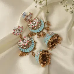 Zaveri Pearls Pastel Blue & Pink Meenakari Lotus Design Traditional Jhumki Earrings-ZPFK10191-image-13