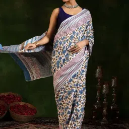 Libas White & Blue Cotton Printed Saree With Unstitched Blouse Piece-image-1