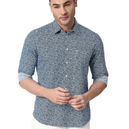 Basics Blue Cotton Slim Fit Printed Shirt image 1