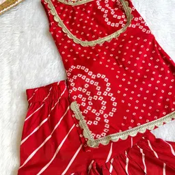 Cuddles Joy Girls Bandhani Printed Regular Gotta Patti Pure Cotton Kurta with Sharara-picture-41