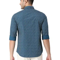 Basics Blue Cotton Slim Fit Printed Shirt image 2