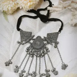 Moedbuille Handcrafted Ghungroo Studded Afghan Antique Design Oxidised Silver Plated Tassel Choker-image-20