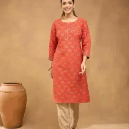 Fabindia Women Orange Floral Print Cotton Knee Length Kurta-picture-10
