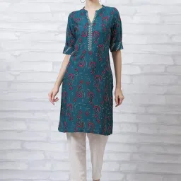 Rangriti Teal Blue Printed Straight Kurta image 1