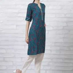 Rangriti Teal Blue Printed Straight Kurta image 4
