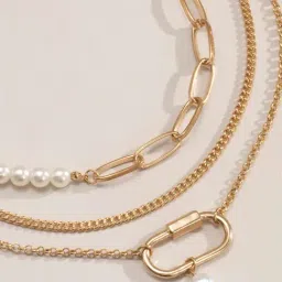 OOMPH Gold tone Multi Layer Multi Strand Pearls Link Chain Necklaces for Women - Set of 3-picture-17