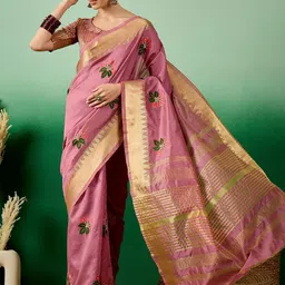 KAVINDI Ethnic Motif Embroidered Zari Woven Saree-image-3