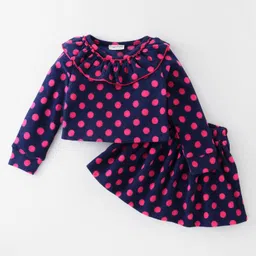 CrayonFlakes Full Sleeves Polka Dots Printed Polar Fleece Frilled Detailed Coordinating Top & Skirt Set - Navy Blue-picture-23