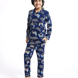 Honeyhap Premium 100% Cotton Knit Full Sleeves Night Suit With Bio Finish Gaming Print - Moroccan Blue-picture-28