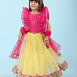 Babyhug Woven  Frill Sleeves Net Sequinned Floral Embroidered  Choli Lehenga & Dupatta Set - Yellow-picture-25