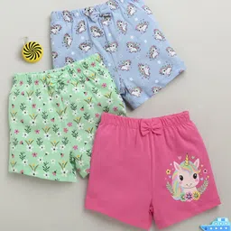 BUMZEE Cotton Pack Of 3 Unicorns & Floral Printed Bow Applique Detailed Shorts - Green & Pink-image-94