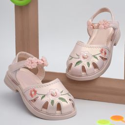 TRUFFLE COLLECTION Floral Embroidered & Pearld Embellished With Velcro Closure Sandals - Pink-picture-0