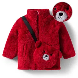 Mark & Mia Full Sleeves Fur Solid Winter Jacket With Teddy Bear Sling Bag - Red-picture-30
