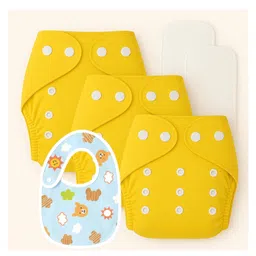 Sparkle Joy Free Size Reusable Cloth Diaper With Insert Pad 3 Pcs Diaper With 2 Pcs Insert 1 Pcs Feeding Bib- Yellow-picture-18