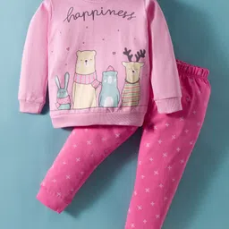 Tango Looper Knit Full Sleeves Winter Wear T-Shirt & Lounge Pant Set with Animal Print - Pink-picture-18