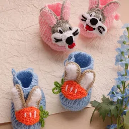 MayRa Knits Hand Knitted Woven Pack Of 2 Bunny Applique Detailed Booties - Blue & Pink-picture-22