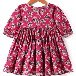 Babyhug Cotton Woven Three Fourth Puffed Sleeves Ethnic Dress with Floral Print & Lace Detailing - Dark Pink image 2