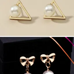 OOMPH Golden Tone White Pearl Delicate Office-Wear Fashion Drop Earrings for Women - Set of 2 image 1